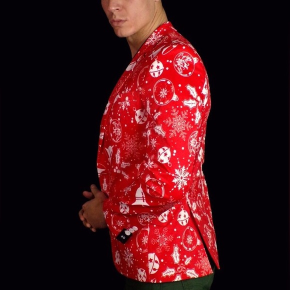 Suslo Couture Mens Red & White Holiday Christmas Snowflake Blazer Size 38 - Picture 5 of 8